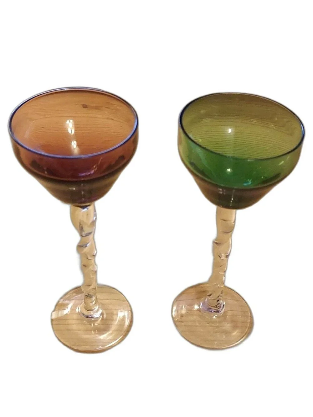 Vintage liqueur cocktail glasses set of 2 twisted stem purple green ombre color
